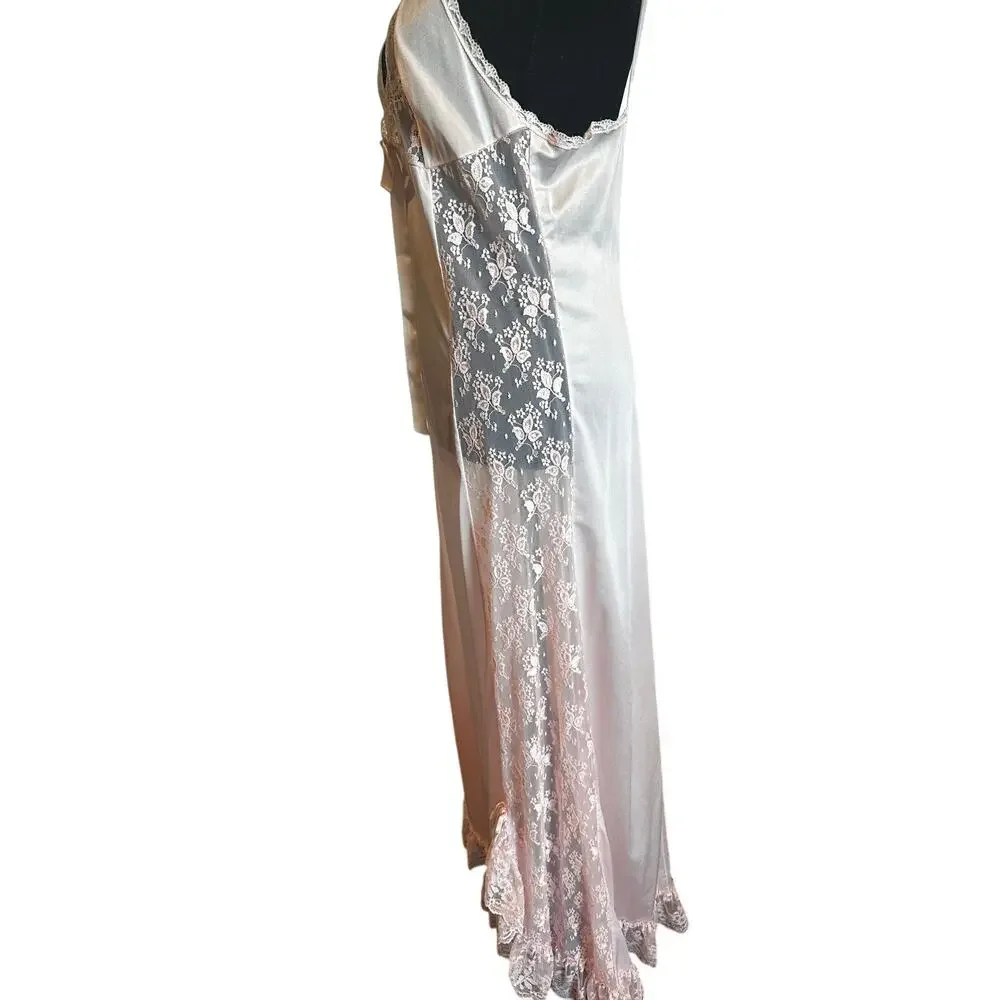 Pink Satin Lace Maxi Nightgown Floral Rosette 58 S Vintage
